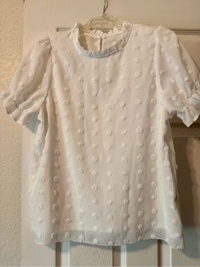 Women’s White Swiss Dot Ruffle Neck Blouse